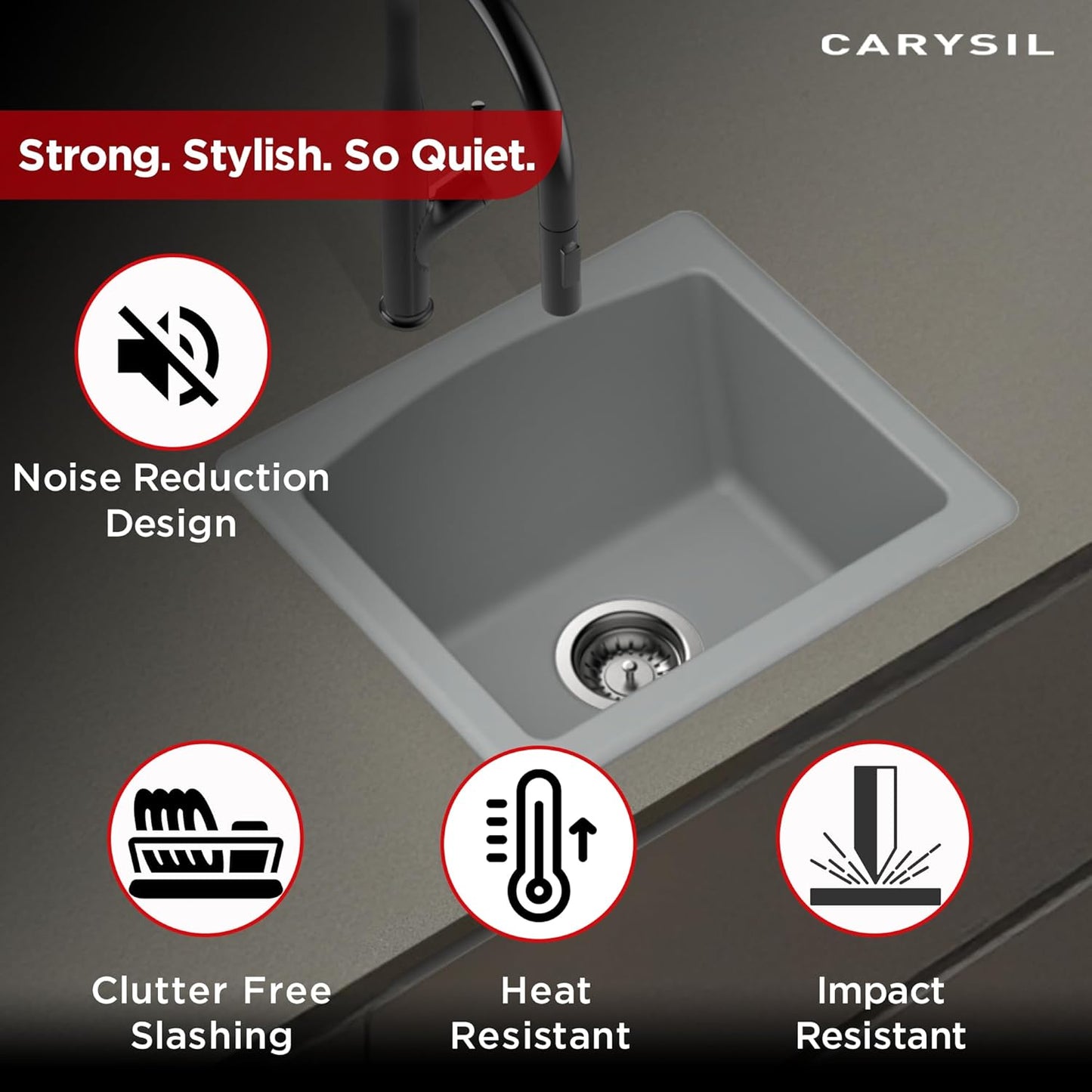 Carysil Quartz C'est Bon Single Bowl Kitchen Sink, Real Stone Finish, 304 Stainless Steel Coupling, Kitchen Sink with Sloping Drain, Noise Reduction Design, 18x16x8 inches, Croma