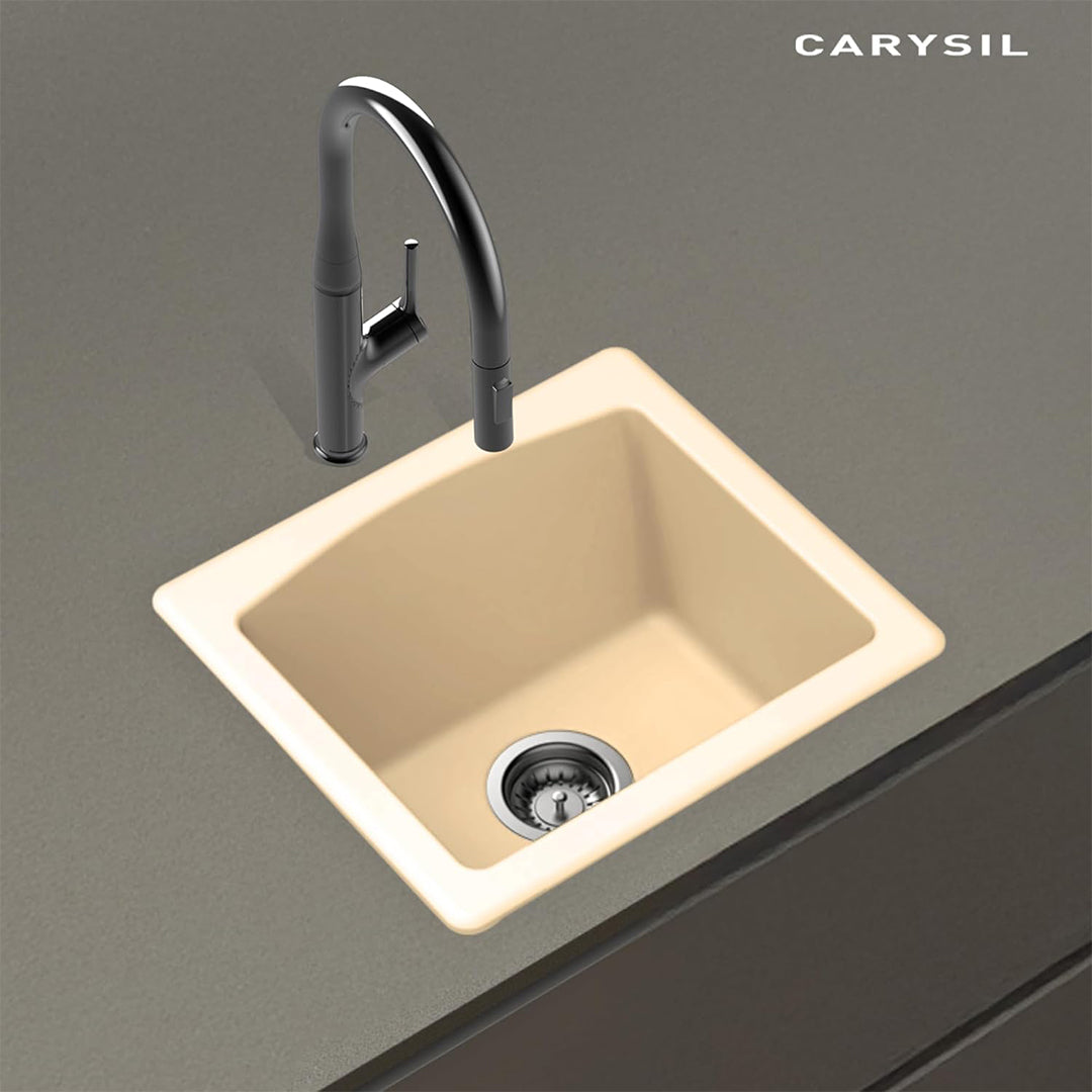 Carysil Quartz C'est Bon Single Bowl Kitchen Sink, Real Stone Finish, 304 Stainless Steel Coupling, Kitchen Sink with Sloping Drain, Noise Reduction Design, 18x16x8 inches, Champagne
