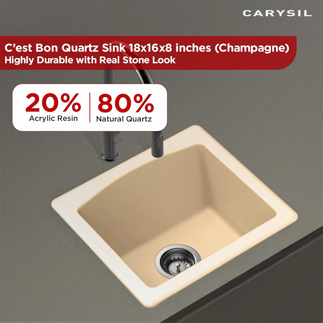 Carysil Quartz C'est Bon Single Bowl Kitchen Sink, Real Stone Finish, 304 Stainless Steel Coupling, Kitchen Sink with Sloping Drain, Noise Reduction Design, 18x16x8 inches, Champagne