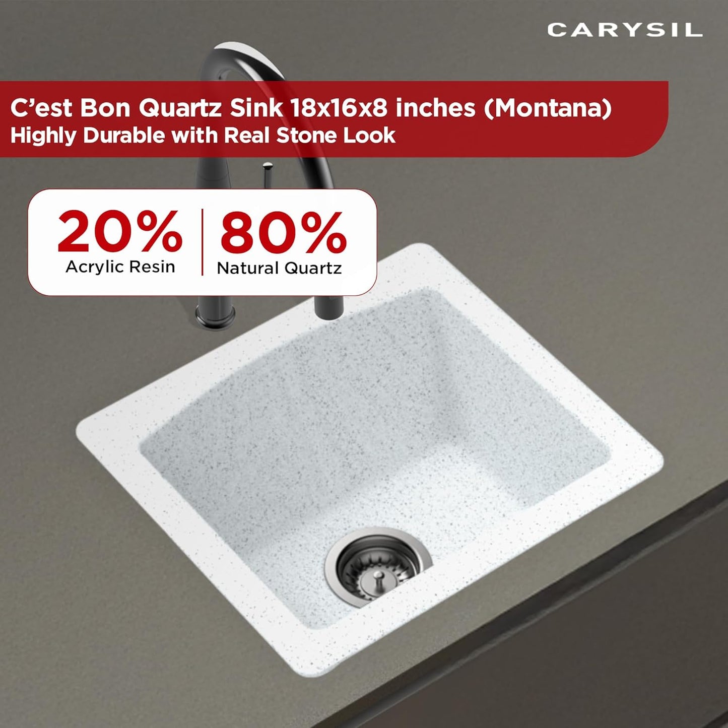 Carysil Quartz C'est Bon Single Bowl Kitchen Sink, Real Stone Finish, 304 Stainless Steel Coupling, Kitchen Sink with Sloping Drain, Noise Reduction Design, 18x16x8 inches, Montana