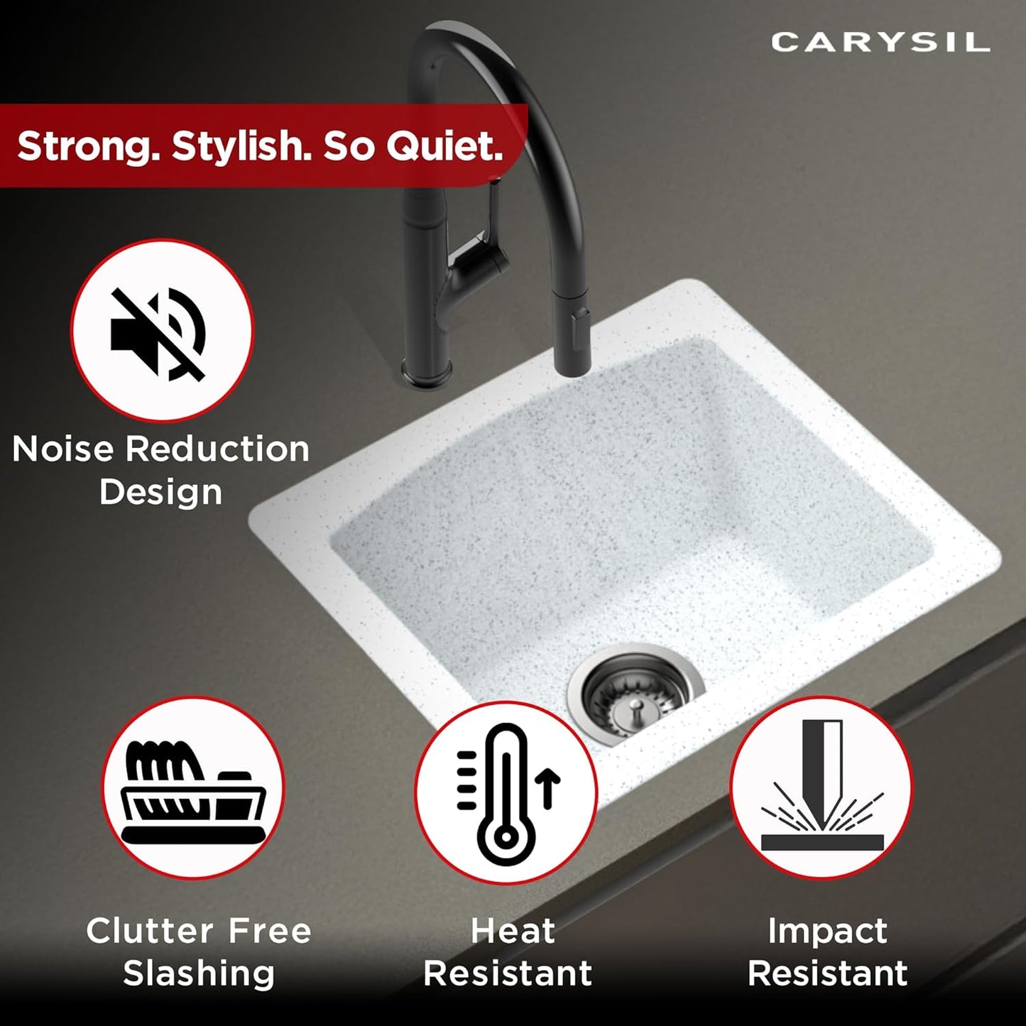 Carysil Quartz C'est Bon Single Bowl Kitchen Sink, Real Stone Finish, 304 Stainless Steel Coupling, Kitchen Sink with Sloping Drain, Noise Reduction Design, 18x16x8 inches, Montana