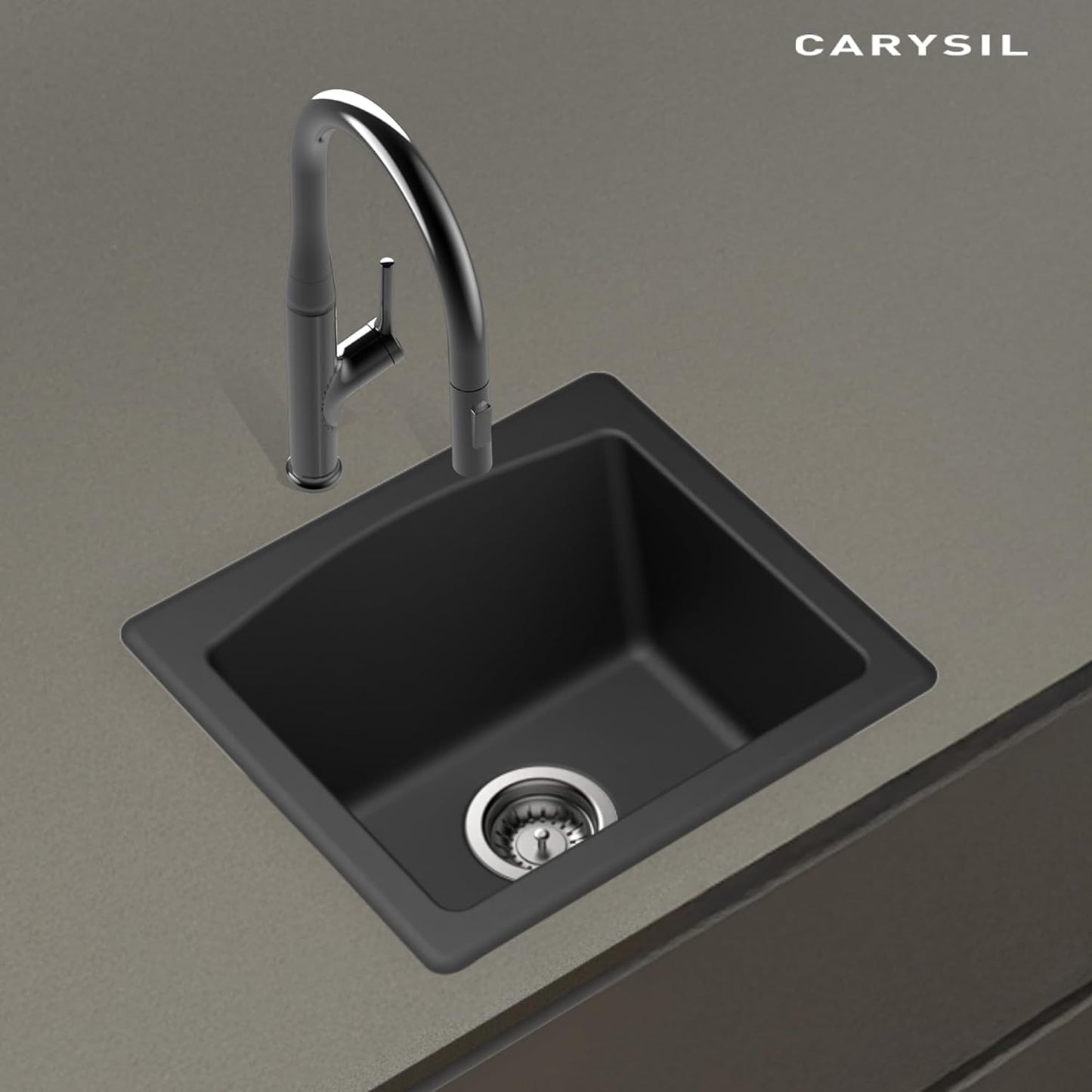 Carysil Quartz C'est Bon Single Bowl Kitchen Sink, Real Stone Finish, 304 Stainless Steel Coupling, Kitchen Sink with Sloping Drain, Noise Reduction Design, 18x16x8 inches, Nera