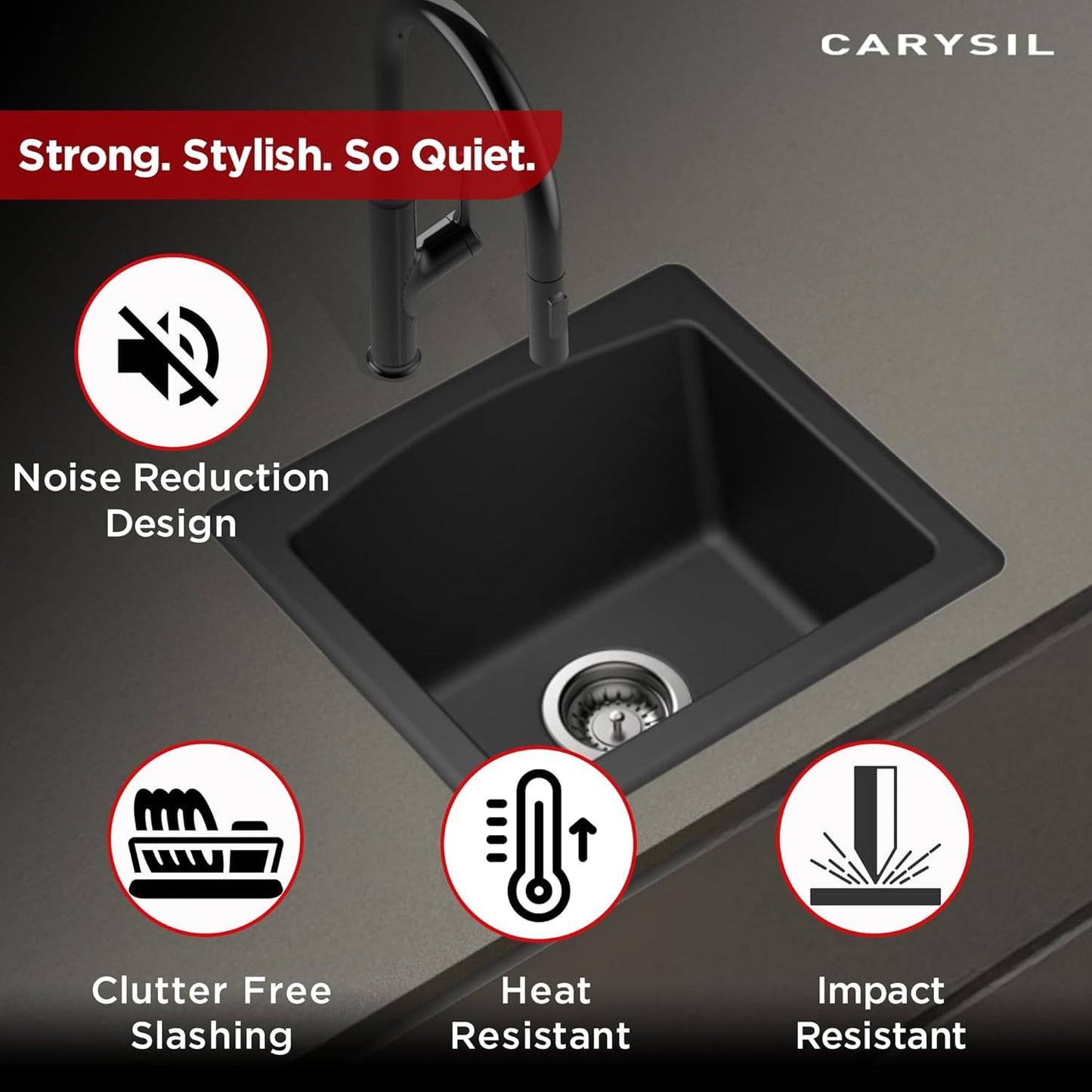 Carysil Quartz C'est Bon Single Bowl Kitchen Sink, Real Stone Finish, 304 Stainless Steel Coupling, Kitchen Sink with Sloping Drain, Noise Reduction Design, 18x16x8 inches, Nera