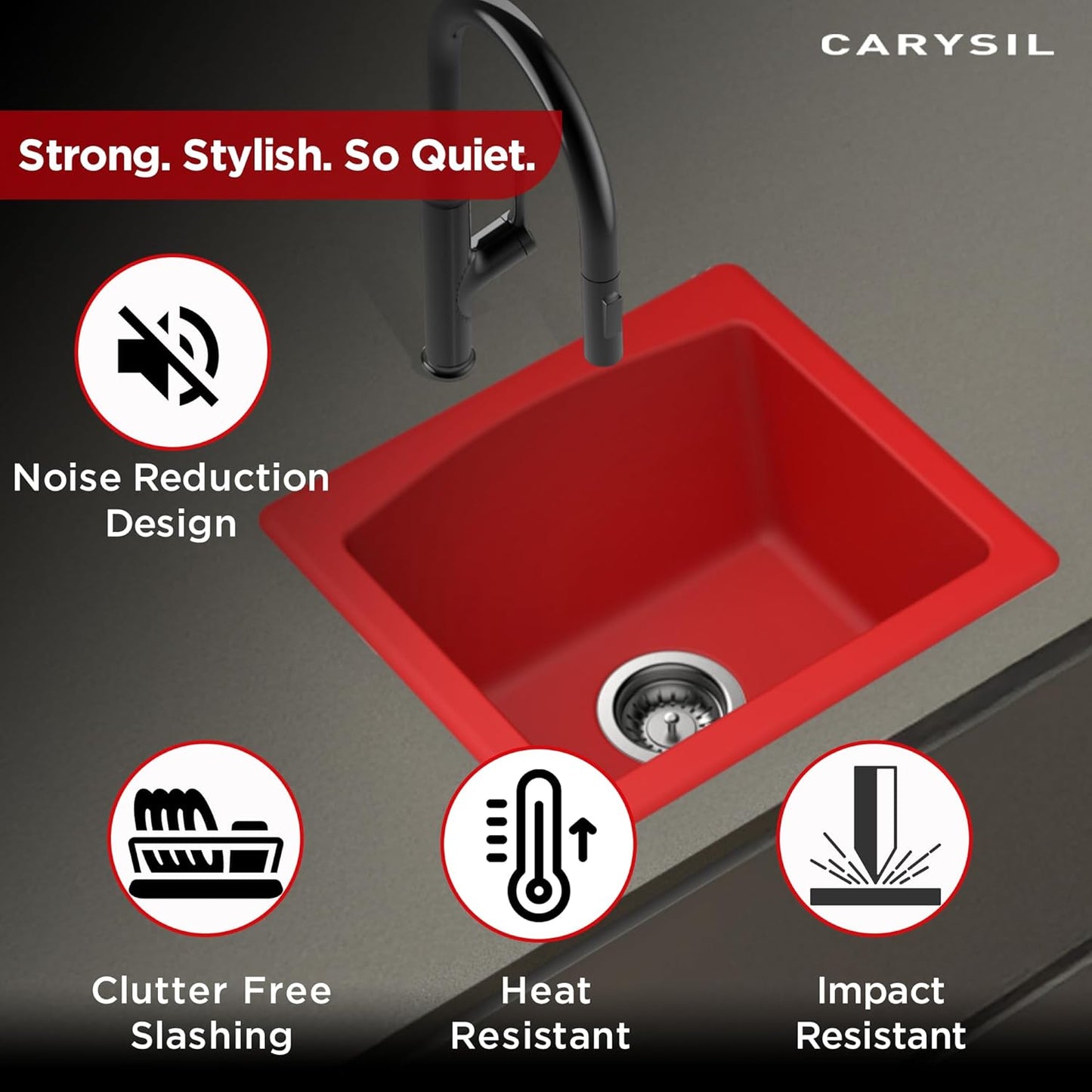 Carysil Quartz C'est Bon Single Bowl Kitchen Sink, Real Stone Finish, 304 Stainless Steel Coupling, Kitchen Sink with Sloping Drain, Noise Reduction Design, 18x16x8 inches, Red