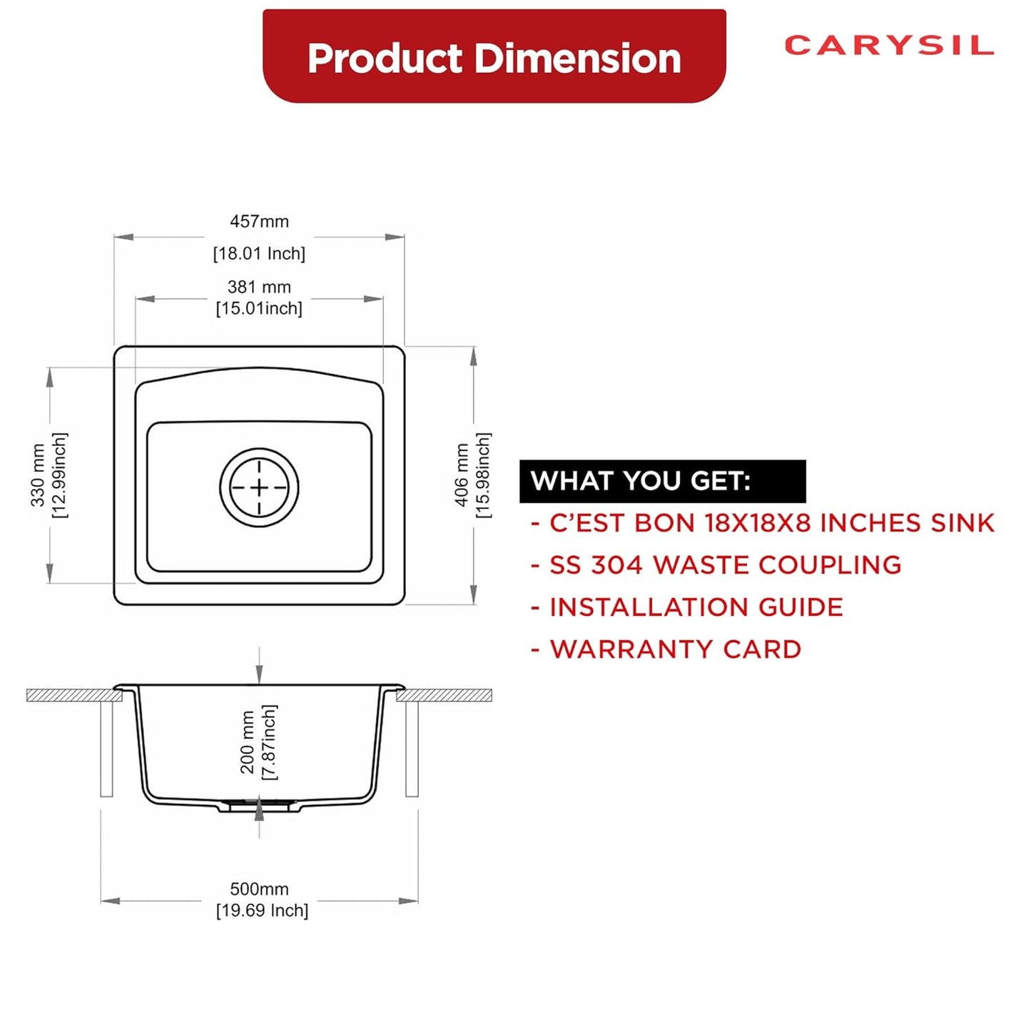 Carysil Quartz C'est Bon Single Bowl Kitchen Sink, Real Stone Finish, 304 Stainless Steel Coupling, Kitchen Sink with Sloping Drain, Noise Reduction Design, 18x16x8 inches, Red