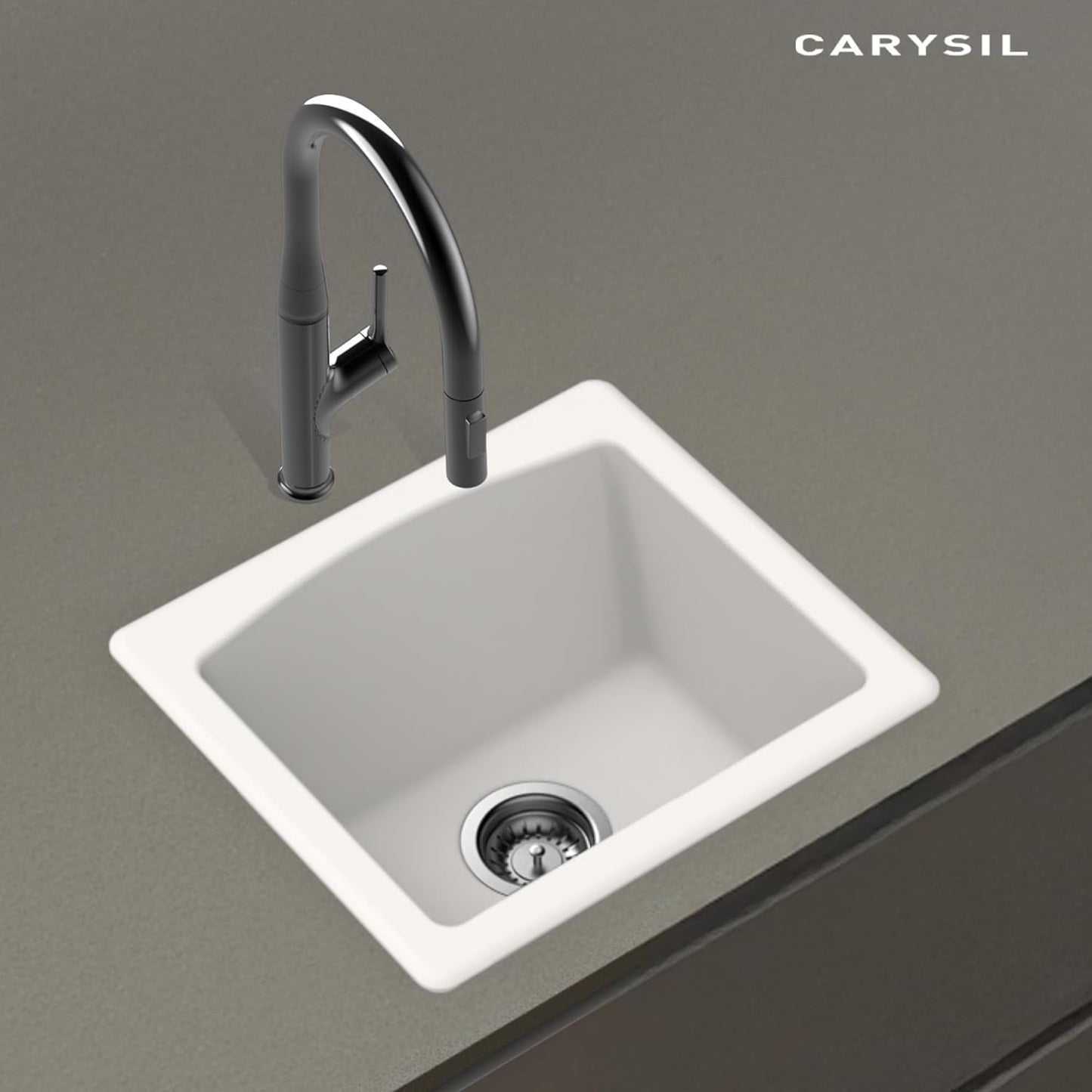Carysil Quartz C'est Bon Single Bowl Kitchen Sink, Real Stone Finish, 304 Stainless Steel Coupling, Kitchen Sink with Sloping Drain, Noise Reduction Design, 18x16x8 inches, Snova