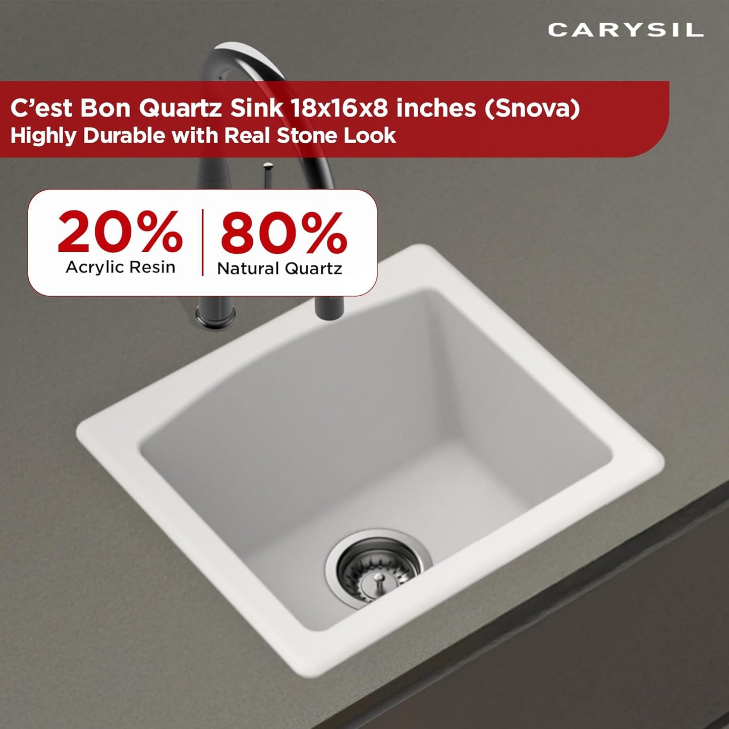 Carysil Quartz C'est Bon Single Bowl Kitchen Sink, Real Stone Finish, 304 Stainless Steel Coupling, Kitchen Sink with Sloping Drain, Noise Reduction Design, 18x16x8 inches, Snova