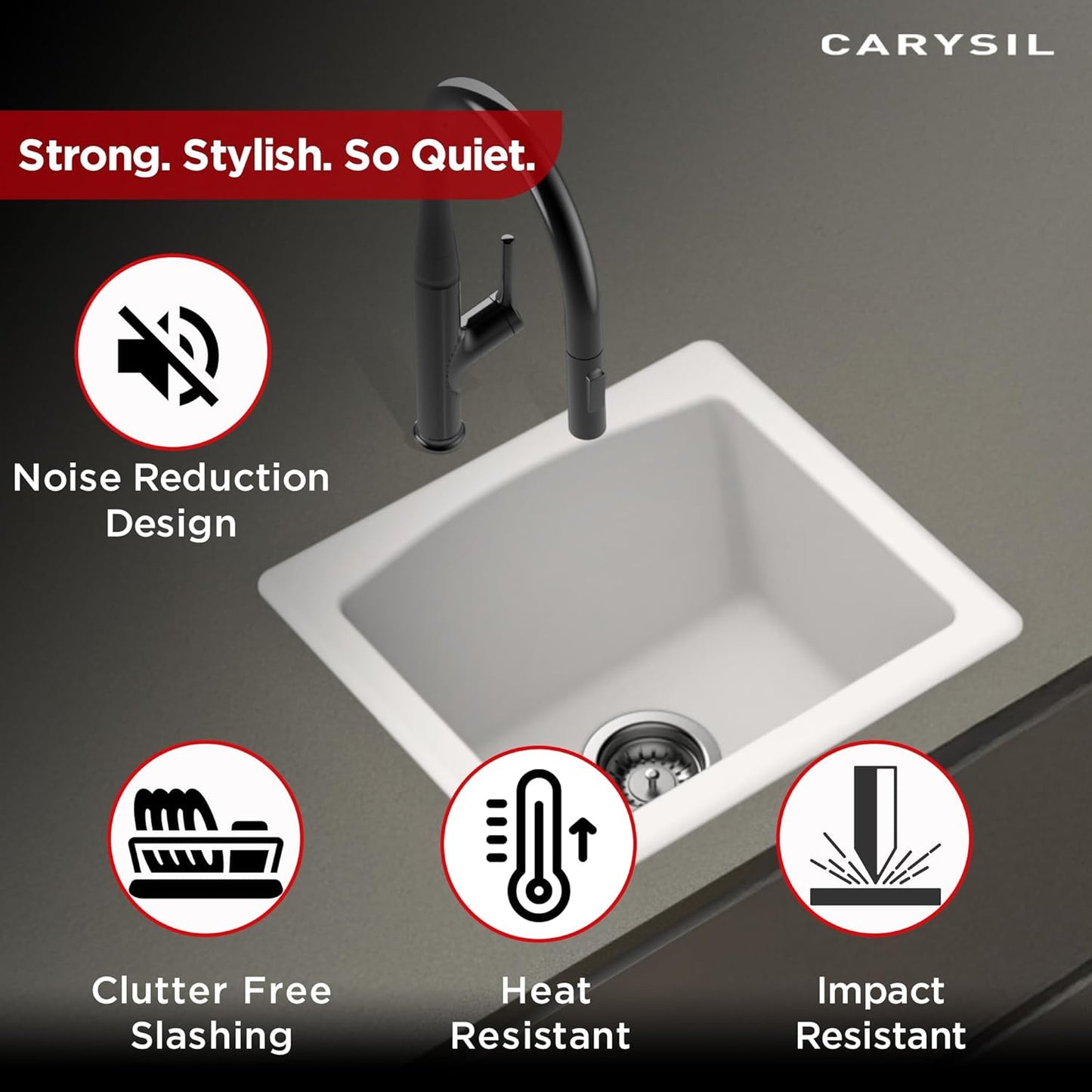 Carysil Quartz C'est Bon Single Bowl Kitchen Sink, Real Stone Finish, 304 Stainless Steel Coupling, Kitchen Sink with Sloping Drain, Noise Reduction Design, 18x16x8 inches, Snova