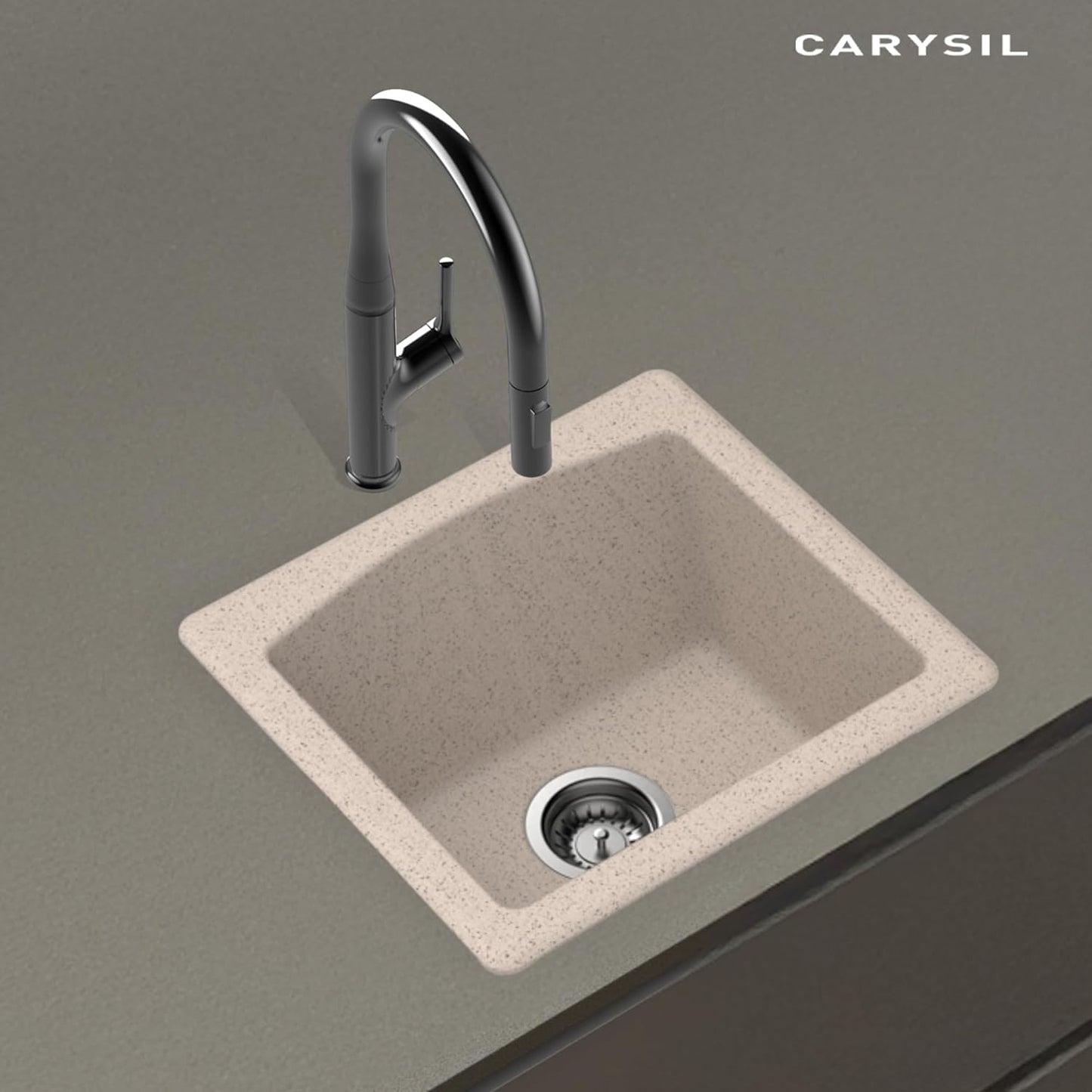 Carysil Quartz C'est Bon Single Bowl Kitchen Sink, Real Stone Finish, 304 Stainless Steel Coupling, Kitchen Sink with Sloping Drain, Noise Reduction Design, 18x16x8 inches, Terra