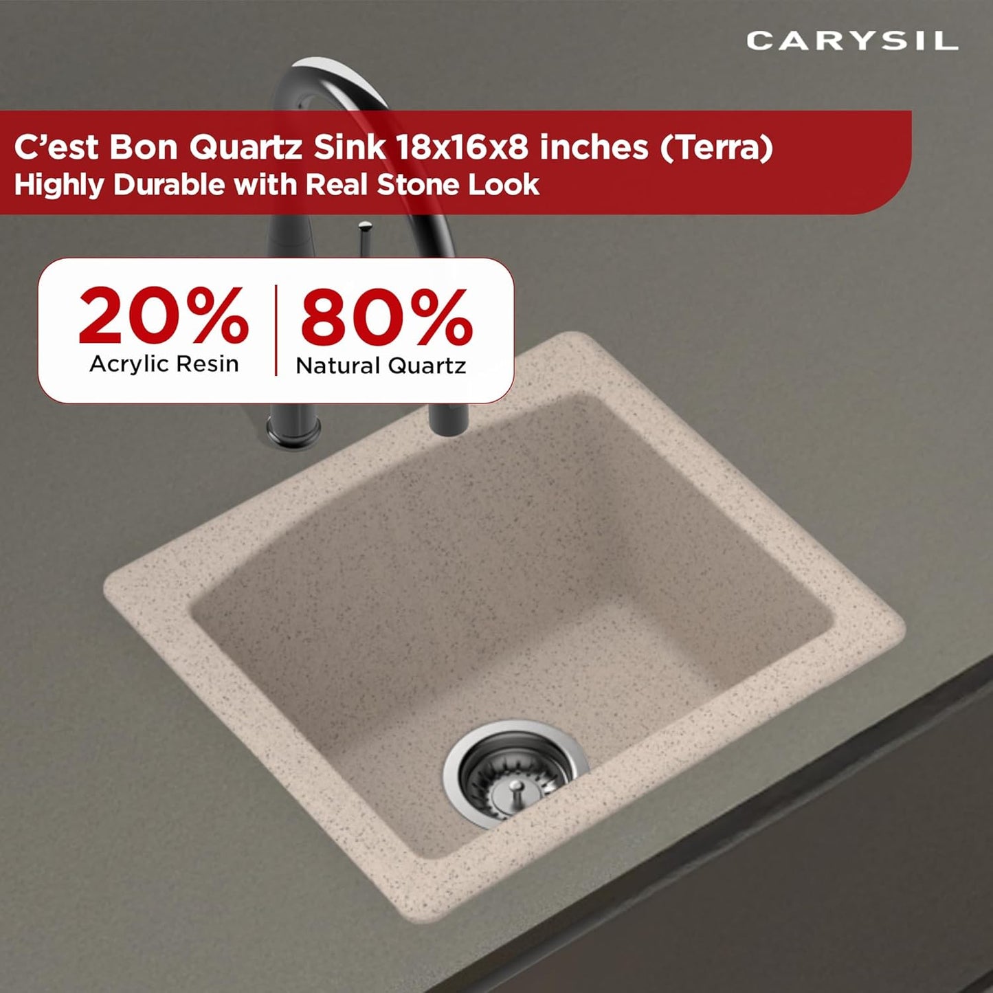 Carysil Quartz C'est Bon Single Bowl Kitchen Sink, Real Stone Finish, 304 Stainless Steel Coupling, Kitchen Sink with Sloping Drain, Noise Reduction Design, 18x16x8 inches, Terra