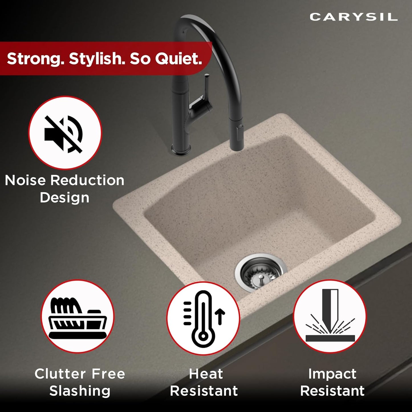 Carysil Quartz C'est Bon Single Bowl Kitchen Sink, Real Stone Finish, 304 Stainless Steel Coupling, Kitchen Sink with Sloping Drain, Noise Reduction Design, 18x16x8 inches, Terra