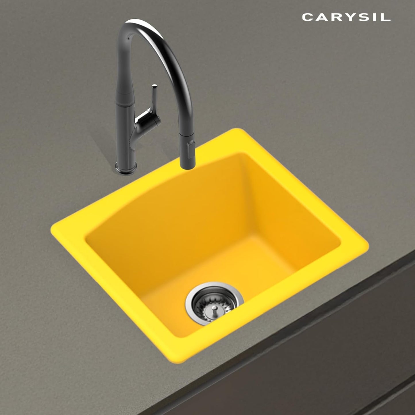 Carysil Quartz C'est Bon Single Bowl Kitchen Sink, Real Stone Finish, 304 Stainless Steel Coupling, Kitchen Sink with Sloping Drain, Noise Reduction Design, 18x16x8 inches, Yellow