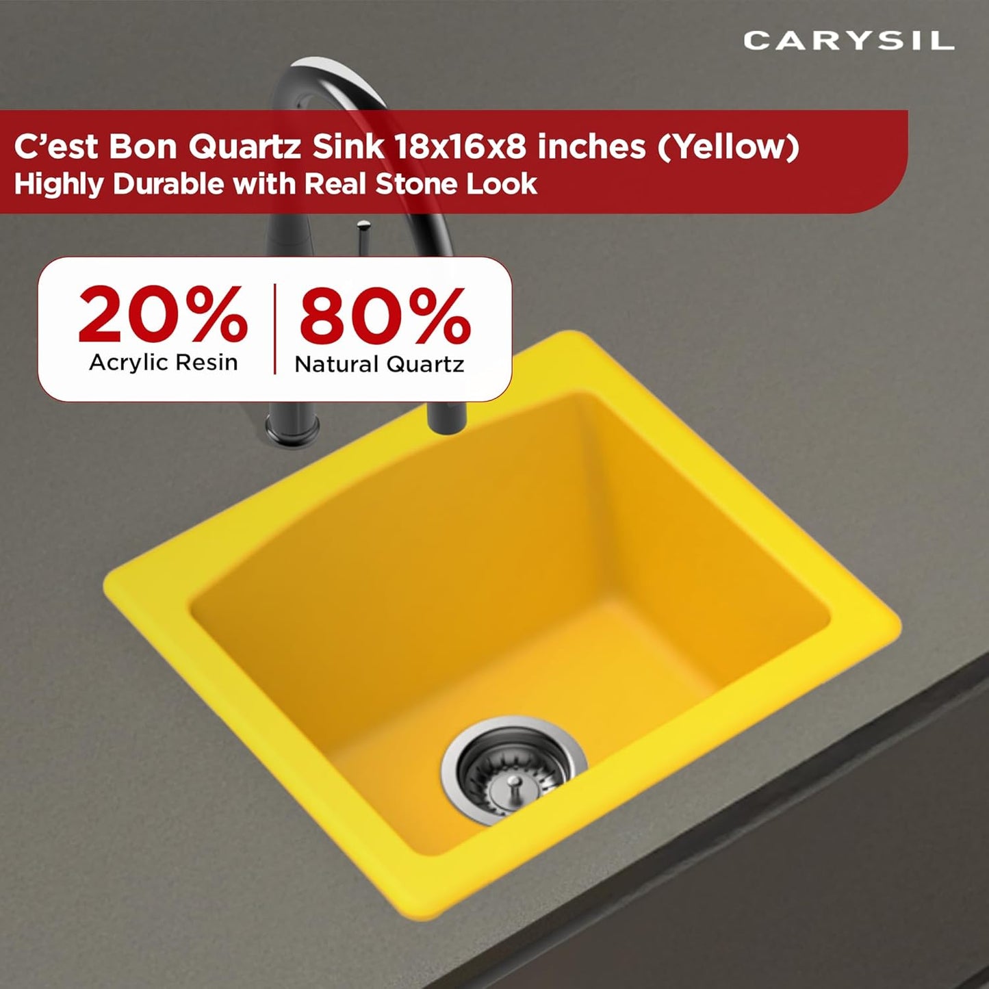 Carysil Quartz C'est Bon Single Bowl Kitchen Sink, Real Stone Finish, 304 Stainless Steel Coupling, Kitchen Sink with Sloping Drain, Noise Reduction Design, 18x16x8 inches, Yellow