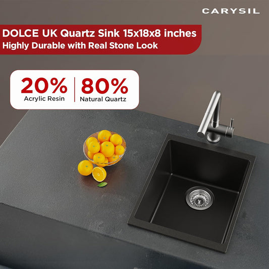 Carysil Quartz Dolce UK Series Single Bowl Kitchen Sink with 50 ml Cleaning Kit, Real Stone Finish, 304 Stainless Steel Coupling, Kitchen Sink with Sloping Drain, Noise Reduction Design, 15x18x8 inches, Pearl Black
