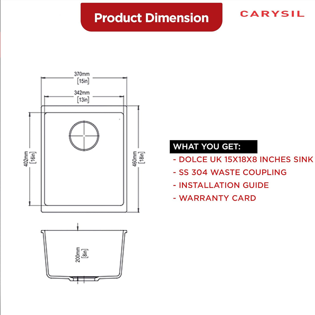 Carysil Quartz Dolce UK Series Single Bowl Kitchen Sink with 50 ml Cleaning Kit, Real Stone Finish, 304 Stainless Steel Coupling, Kitchen Sink with Sloping Drain, Noise Reduction Design, 15x18x8 inches, Pearl Black