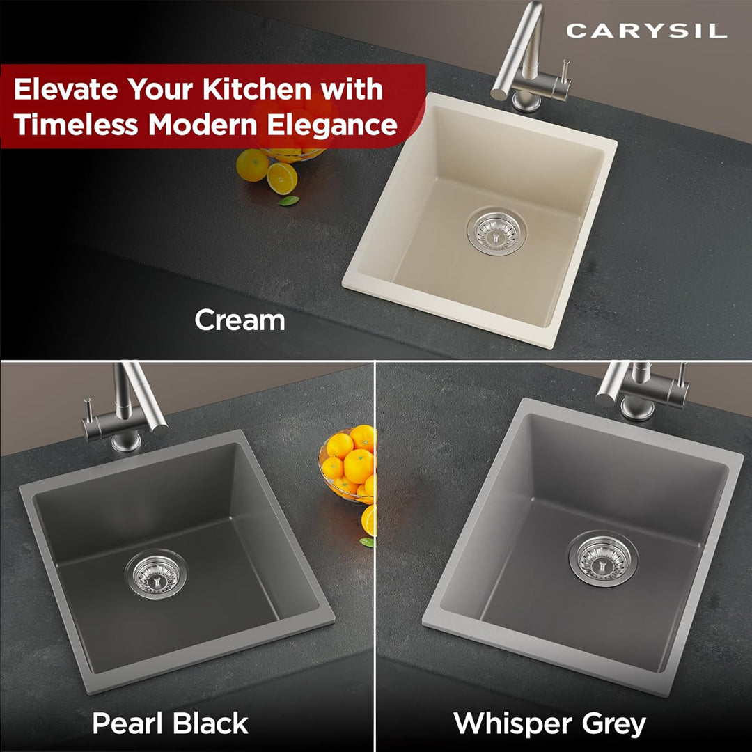 Carysil Quartz Dolce UK Series Single Bowl Kitchen Sink with 50 ml Cleaning Kit, Real Stone Finish, 304 Stainless Steel Coupling, Kitchen Sink with Sloping Drain, Noise Reduction Design, 15x18x8 inches, Pearl Black