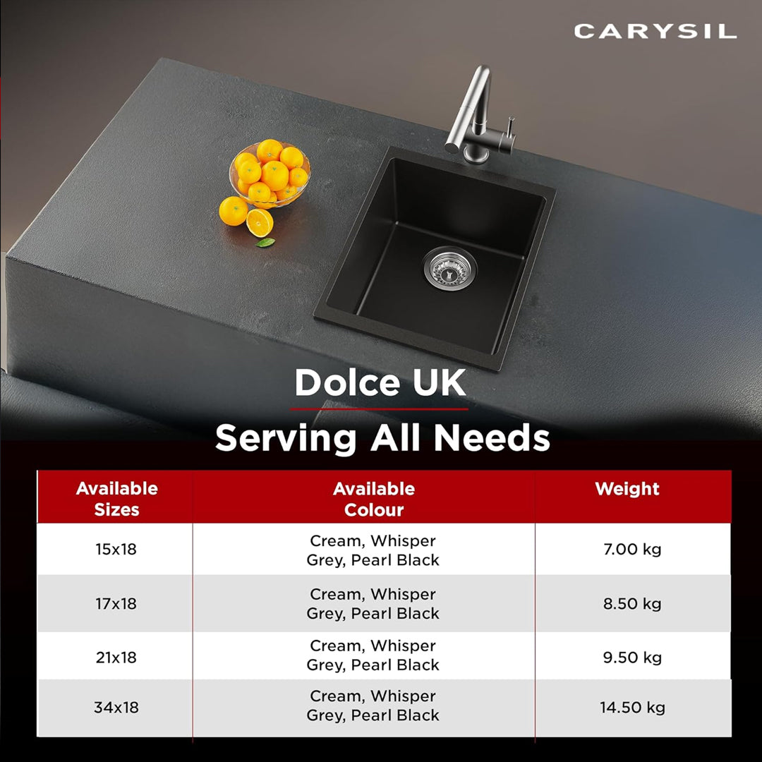Carysil Quartz Dolce UK Series Single Bowl Kitchen Sink with 50 ml Cleaning Kit, Real Stone Finish, 304 Stainless Steel Coupling, Kitchen Sink with Sloping Drain, Noise Reduction Design, 15x18x8 inches, Pearl Black