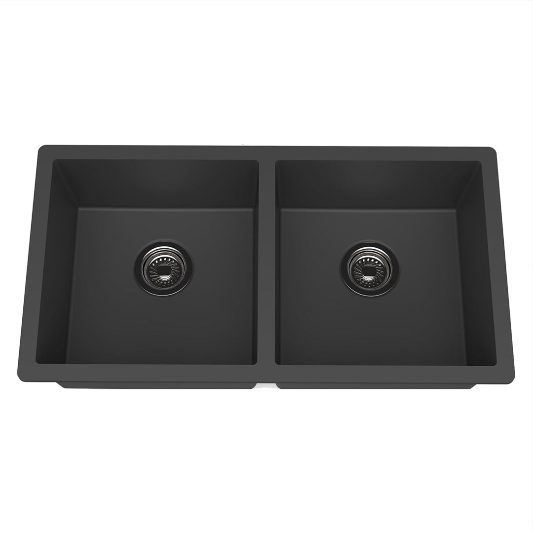 Carysil Quartz Dolce UK Series Double Bowl Kitchen Sink with 50 ml Cleaning Kit, Real Stone Finish, 304 Stainless Steel Coupling, Kitchen Sink with Sloping Drain, Noise Reduction Design, 34x18x8 inches, Pearl Black