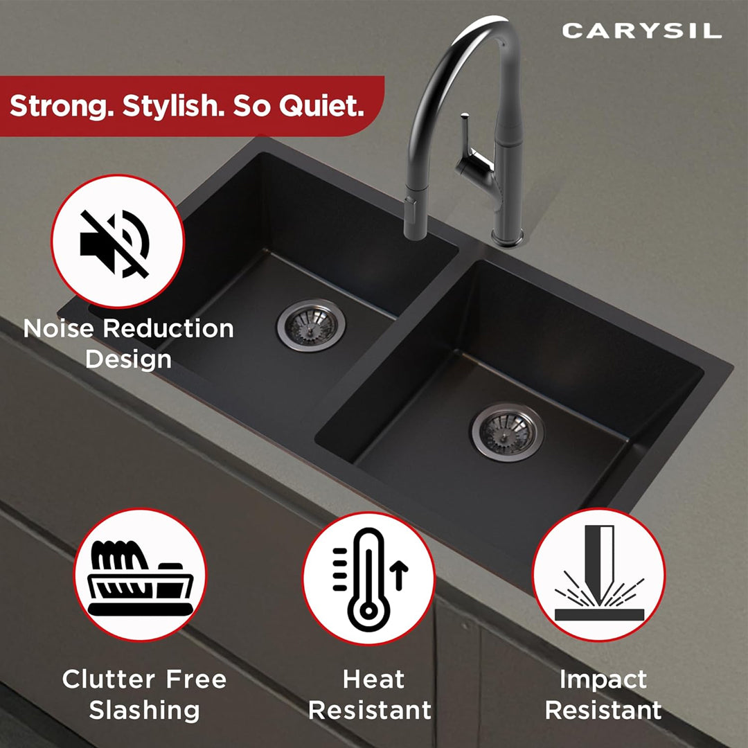 Carysil Quartz Dolce UK Series Double Bowl Kitchen Sink with 50 ml Cleaning Kit, Real Stone Finish, 304 Stainless Steel Coupling, Kitchen Sink with Sloping Drain, Noise Reduction Design, 34x18x8 inches, Pearl Black