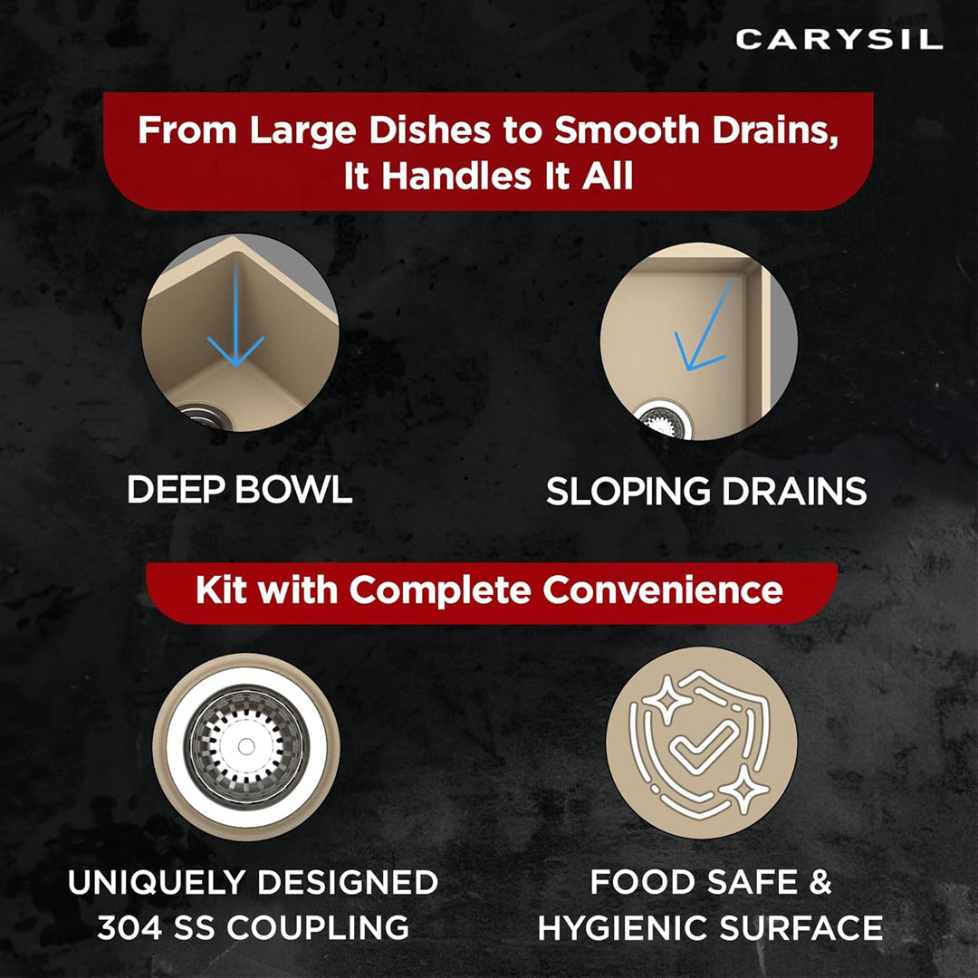 Carysil Quartz Dolce UK Series Single Bowl Kitchen Sink with 50 ml Cleaning Kit, Real Stone Finish, 304 Stainless Steel Coupling, Kitchen Sink with Sloping Drain, Noise Reduction Design, 34x18x8 inches, Pearl Black