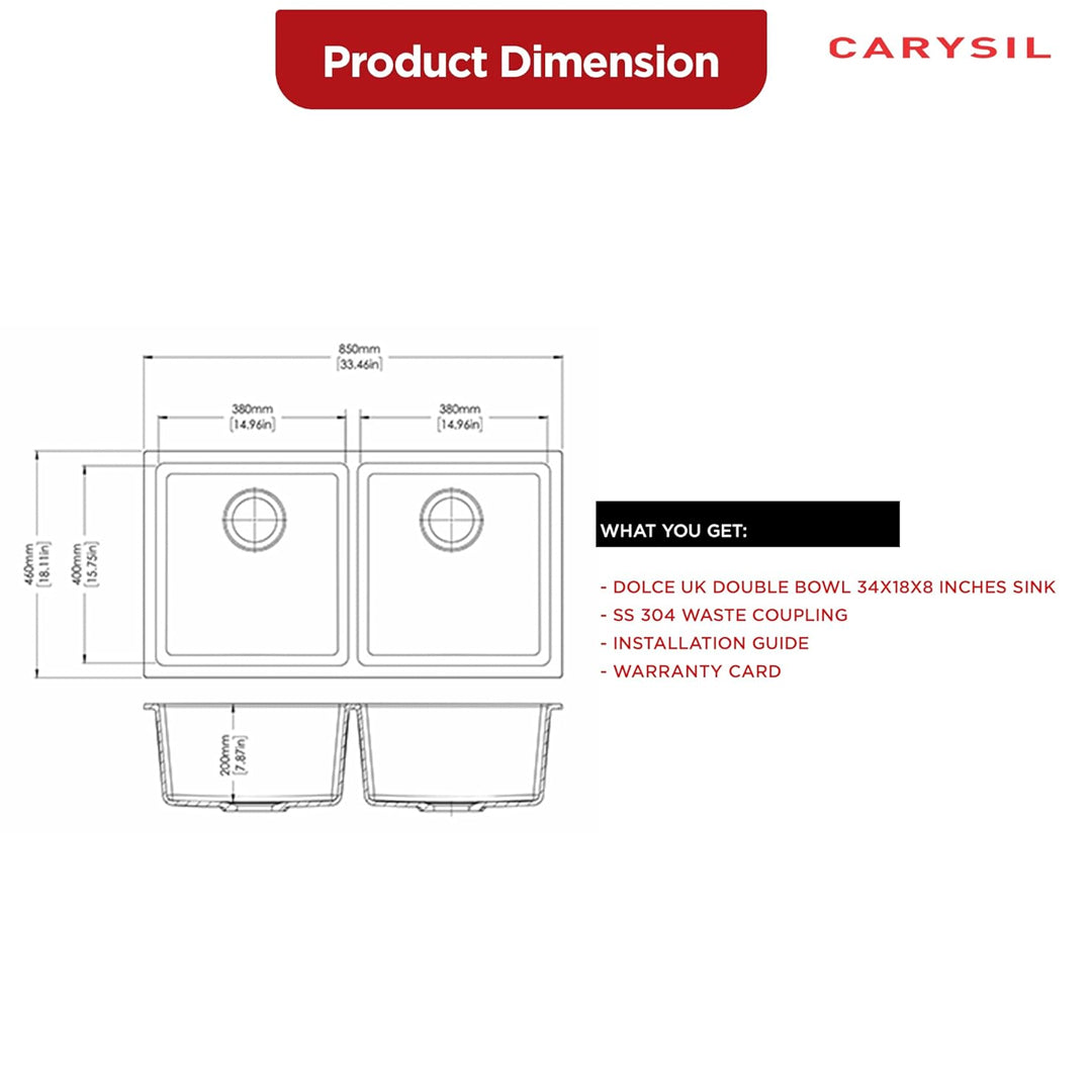 Carysil Quartz Dolce UK Series Double Bowl Kitchen Sink with 50 ml Cleaning Kit, Real Stone Finish, 304 Stainless Steel Coupling, Kitchen Sink with Sloping Drain, Noise Reduction Design, 34x18x8 inches, Pearl Black