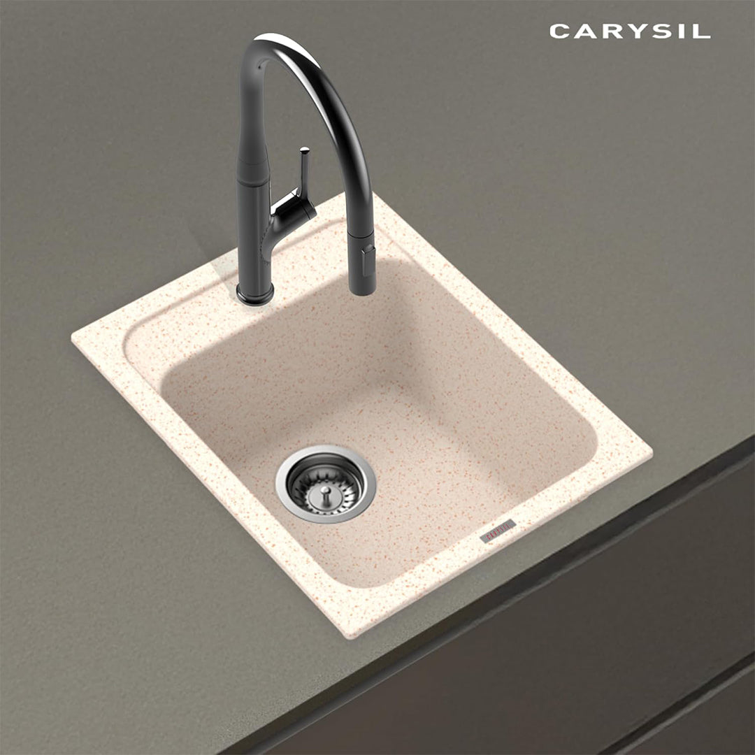 Carysil Quartz Jade 400 Single Bowl Kitchen Sink, Real Stone Finish, 304 Stainless Steel Coupling, Kitchen Sink with Sloping Drain, Noise Reduction Design, 16x20x8 inches, Cornflakes