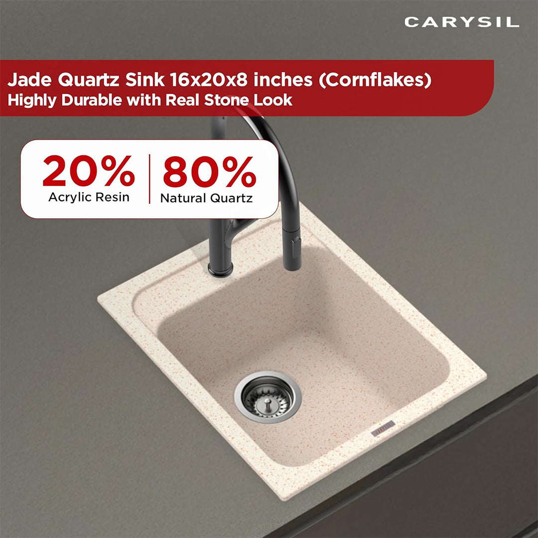 Carysil Quartz Jade 400 Single Bowl Kitchen Sink, Real Stone Finish, 304 Stainless Steel Coupling, Kitchen Sink with Sloping Drain, Noise Reduction Design, 16x20x8 inches, Cornflakes