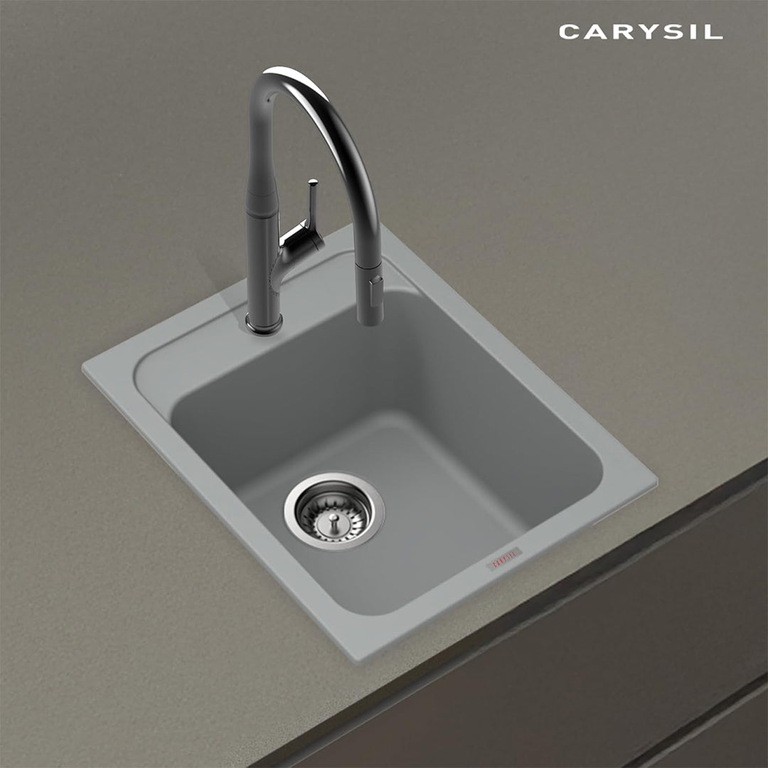 Carysil Quartz Jade 400 Single Bowl Kitchen Sink, Real Stone Finish, 304 Stainless Steel Coupling, Kitchen Sink with Sloping Drain, Noise Reduction Design, 16x20x8 inches, Croma