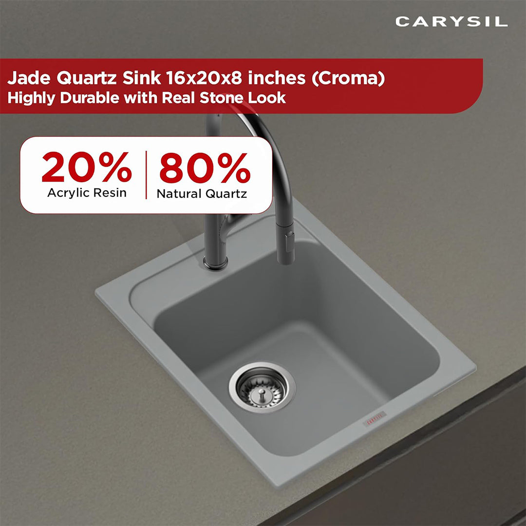 Carysil Quartz Jade 400 Single Bowl Kitchen Sink, Real Stone Finish, 304 Stainless Steel Coupling, Kitchen Sink with Sloping Drain, Noise Reduction Design, 16x20x8 inches, Croma
