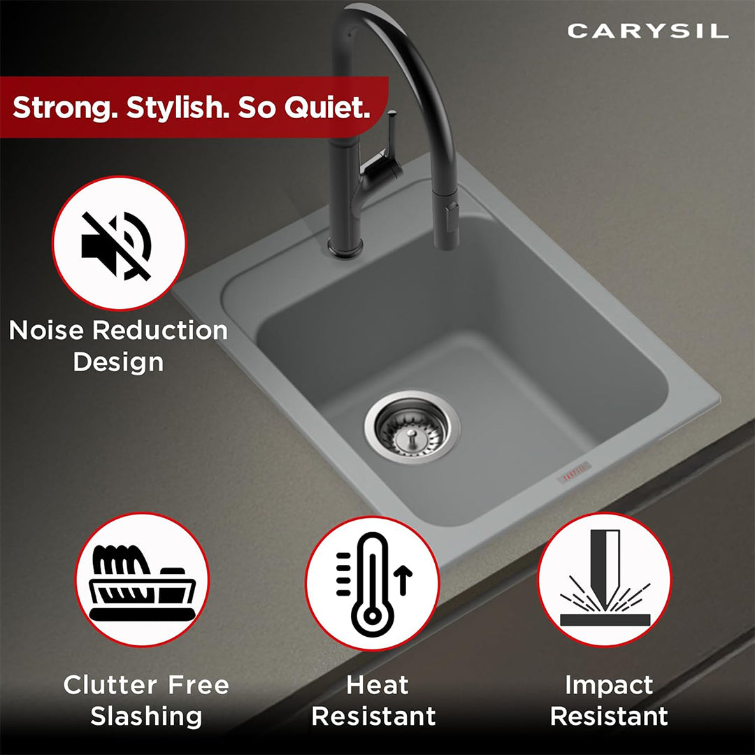 Carysil Quartz Jade 400 Single Bowl Kitchen Sink, Real Stone Finish, 304 Stainless Steel Coupling, Kitchen Sink with Sloping Drain, Noise Reduction Design, 16x20x8 inches, Croma