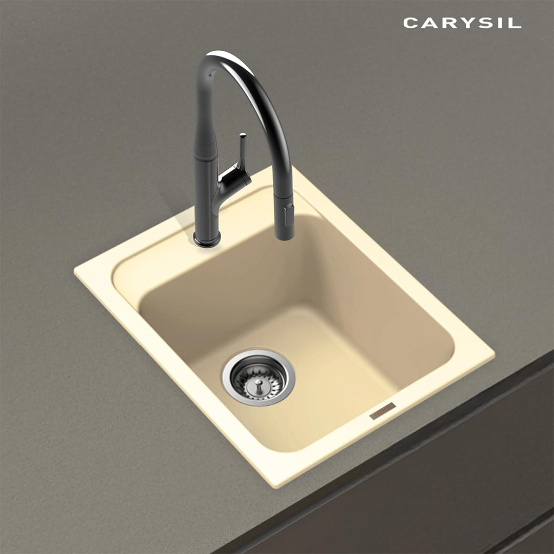 Carysil Quartz Jade 400 Single Bowl Kitchen Sink, Real Stone Finish, 304 Stainless Steel Coupling, Kitchen Sink with Sloping Drain, Noise Reduction Design, 16x20x8 inches, Champagne