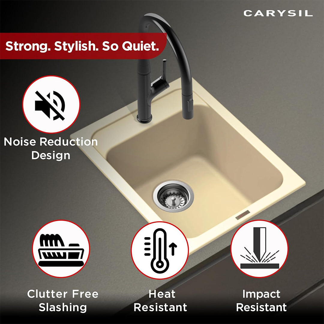 Carysil Quartz Jade 400 Single Bowl Kitchen Sink, Real Stone Finish, 304 Stainless Steel Coupling, Kitchen Sink with Sloping Drain, Noise Reduction Design, 16x20x8 inches, Champagne