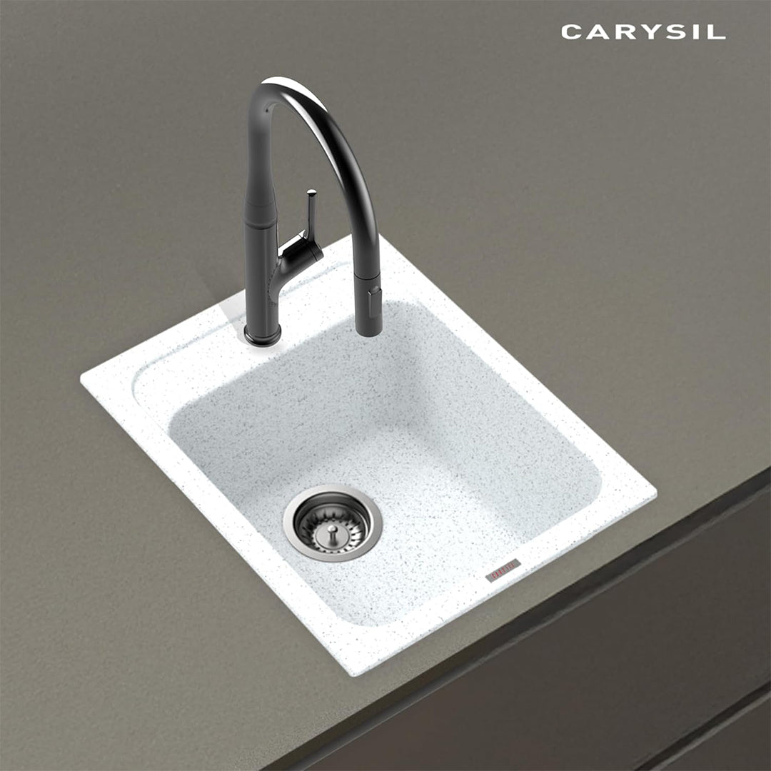 Carysil Quartz Jade 400 Single Bowl Kitchen Sink, Real Stone Finish, 304 Stainless Steel Coupling, Kitchen Sink with Sloping Drain, Noise Reduction Design, 16x20x8 inches, Montana