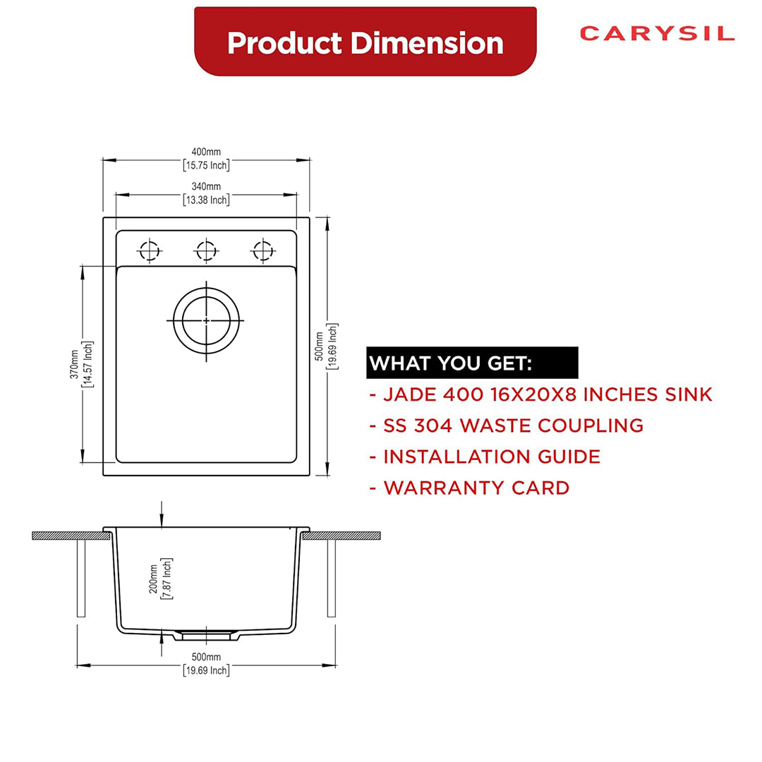 Carysil Quartz Jade 400 Single Bowl Kitchen Sink, Real Stone Finish, 304 Stainless Steel Coupling, Kitchen Sink with Sloping Drain, Noise Reduction Design, 16x20x8 inches, Montana
