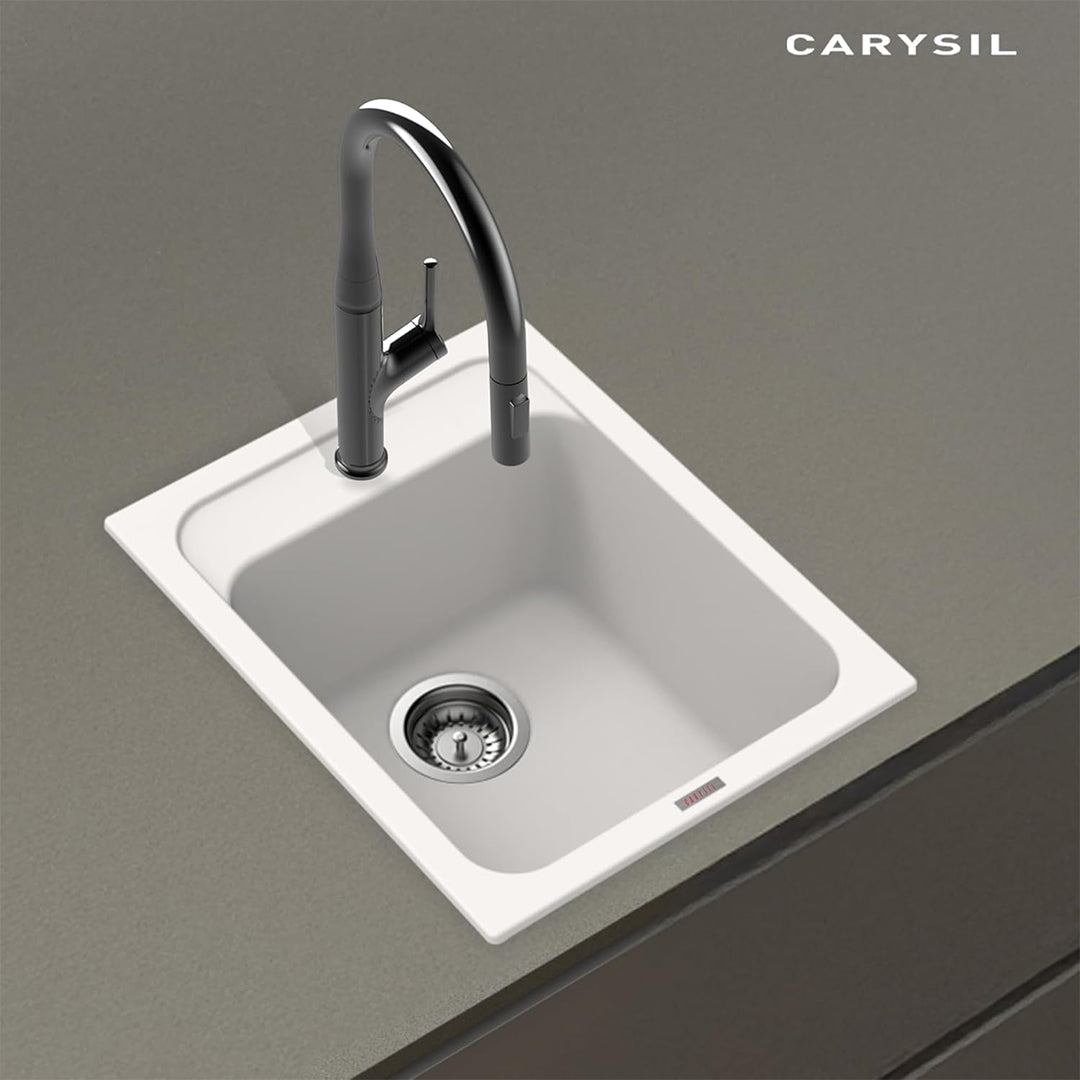 Carysil Quartz Jade 400 Single Bowl Kitchen Sink, Real Stone Finish, 304 Stainless Steel Coupling, Kitchen Sink with Sloping Drain, Noise Reduction Design, 16x20x8 inches, Snova