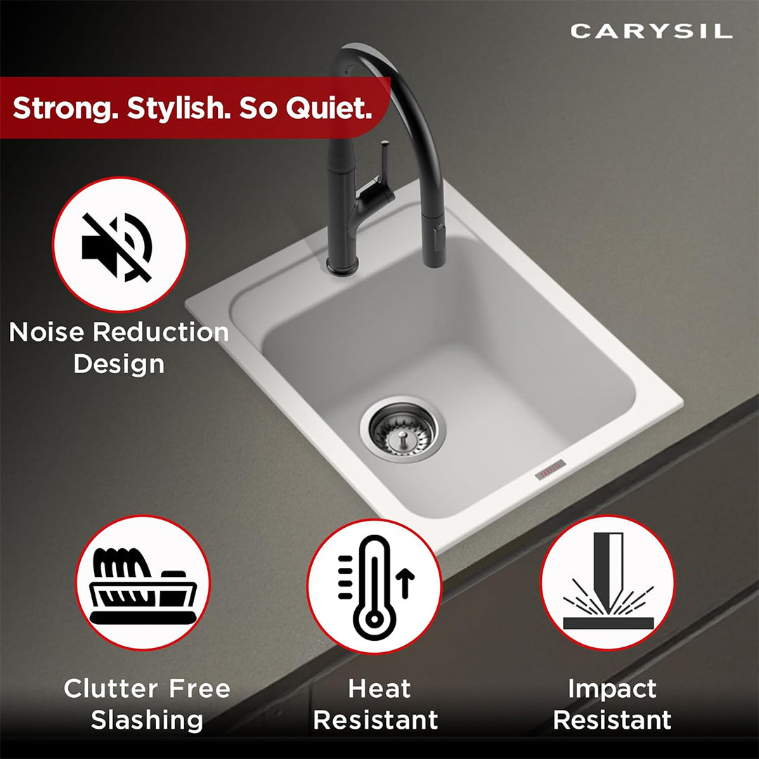 Carysil Quartz Jade 400 Single Bowl Kitchen Sink, Real Stone Finish, 304 Stainless Steel Coupling, Kitchen Sink with Sloping Drain, Noise Reduction Design, 16x20x8 inches, Snova