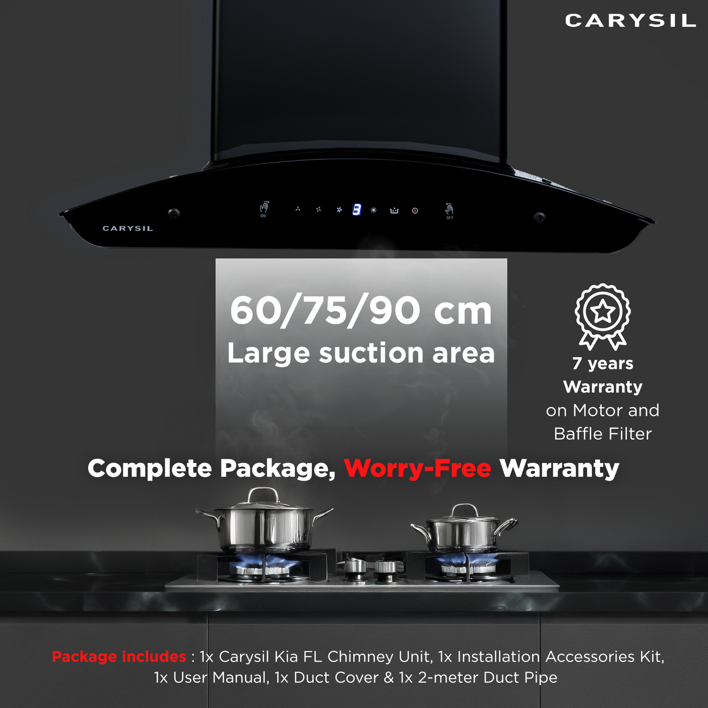 Carysil Kia FL 75 cm Kitchen Chimney, Curved Shape, 1400 m³/hr Suction Capacity, Filterless, Heat Auto Clean, 3-Speed Motion Sensor, Oil Collector, LED Lamp, 7-year Motor Warranty