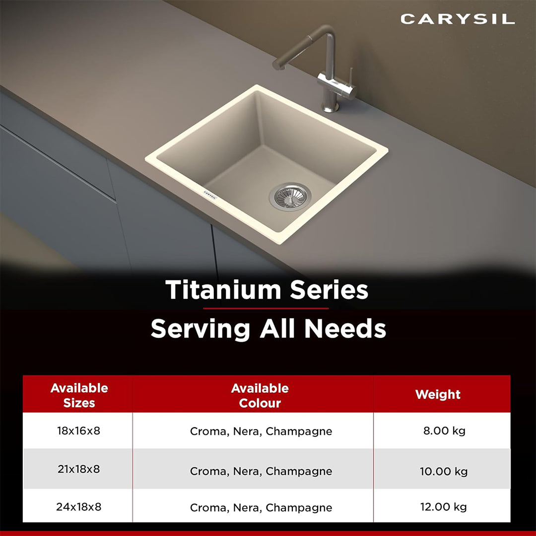 Carysil Quartz Titanium Pro Series Single Bowl Kitchen Sink, Real Stone Finish, 304 Stainless Steel Coupling, Kitchen Sink with Sloping Drain, Noise Reduction Design, 18x16x8 inches, Champagne