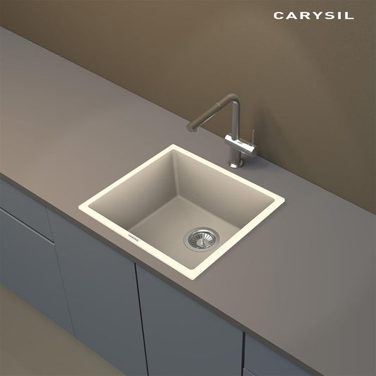 Carysil Magic Salsa Pro Champagne Quartz Kitchen Sink, 18x16x8 inches, Single Bowl Noise Reduction Quartz Sink, Heat, Scratch & Stain Resistant, Sloping Drains, 304 SS Coupling