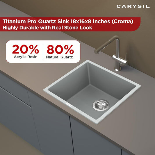 Carysil Quartz Titanium Pro Series Single Bowl Kitchen Sink, Real Stone Finish, 304 Stainless Steel Coupling, Kitchen Sink with Sloping Drain, Noise Reduction Design, 18x16x8 inches, Croma