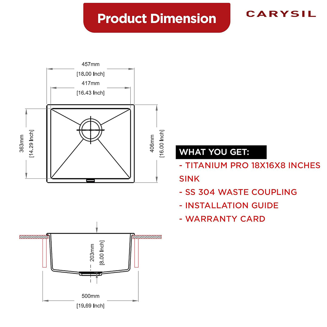 Carysil Quartz Titanium Pro Series Single Bowl Kitchen Sink, Real Stone Finish, 304 Stainless Steel Coupling, Kitchen Sink with Sloping Drain, Noise Reduction Design, 18x16x8 inches, Croma