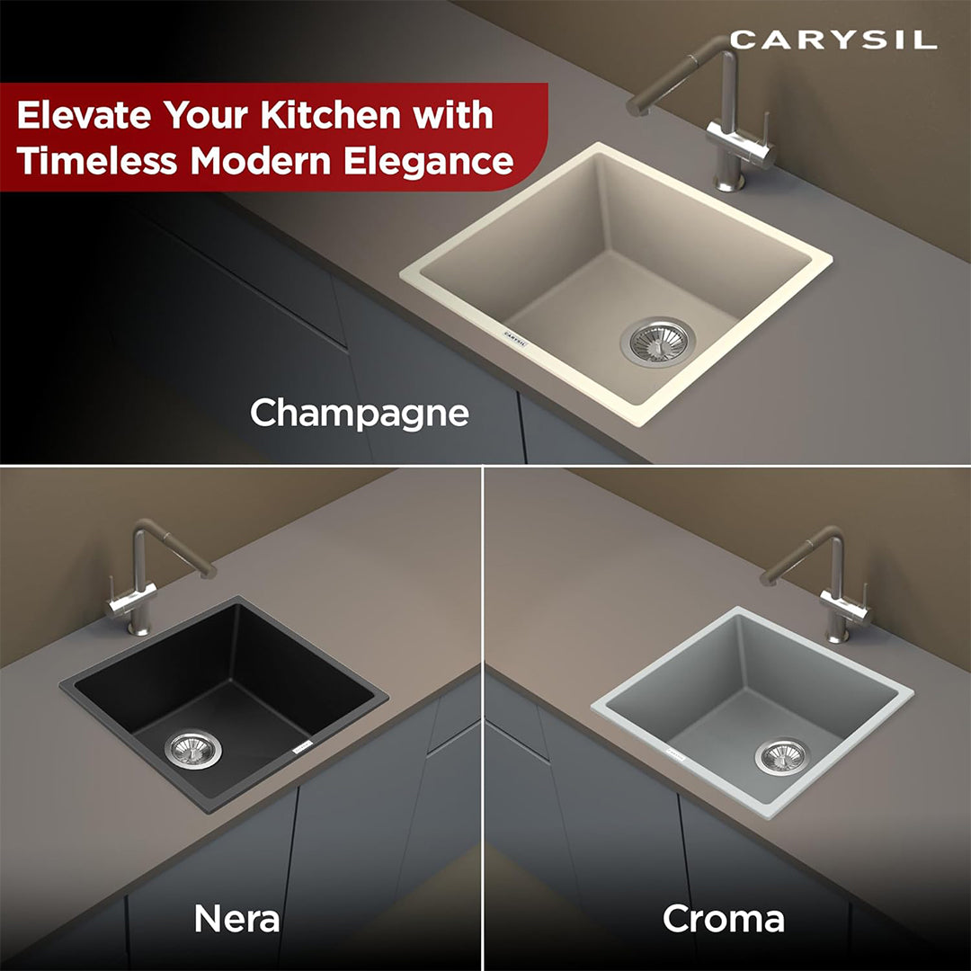 Carysil Magic Salsa Pro Croma Quartz Kitchen Sink, 18x16x8 inches, Single Bowl Noise Reduction Quartz Sink, Heat, Scratch & Stain Resistant, Sloping Drains, 304 SS Coupling