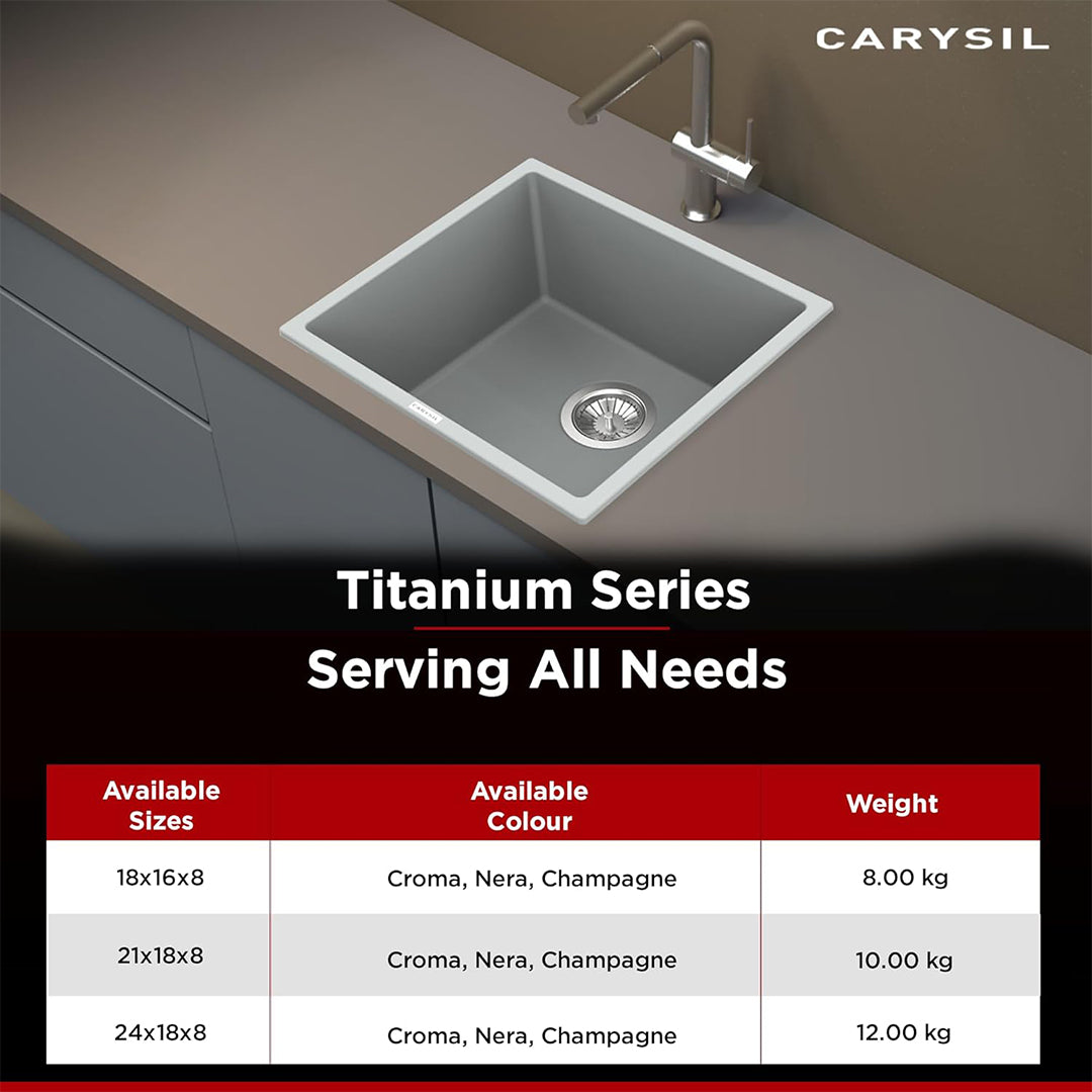 Carysil Quartz Titanium Pro Series Single Bowl Kitchen Sink, Real Stone Finish, 304 Stainless Steel Coupling, Kitchen Sink with Sloping Drain, Noise Reduction Design, 18x16x8 inches, Croma