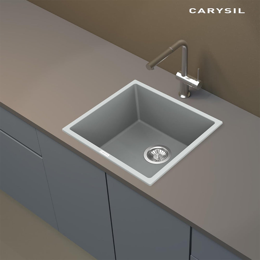 Carysil Quartz Titanium Pro Series Single Bowl Kitchen Sink, Real Stone Finish, 304 Stainless Steel Coupling, Kitchen Sink with Sloping Drain, Noise Reduction Design, 18x16x8 inches, Croma