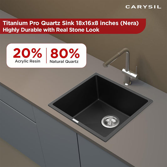 Carysil Quartz Titanium Pro Series Single Bowl Kitchen Sink, Real Stone Finish, 304 Stainless Steel Coupling, Kitchen Sink with Sloping Drain, Noise Reduction Design, 18x16x8 inches, Nera