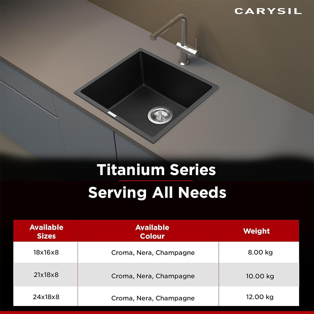 Carysil Quartz Titanium Pro Series Single Bowl Kitchen Sink, Real Stone Finish, 304 Stainless Steel Coupling, Kitchen Sink with Sloping Drain, Noise Reduction Design, 18x16x8 inches, Nera