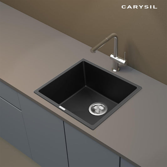 Carysil Magic Salsa Pro Nera Quartz Kitchen Sink, 18x16x8 inches, Single Bowl Noise Reduction Quartz Sink, Heat, Scratch & Stain Resistant, Sloping Drains, 304 SS Coupling