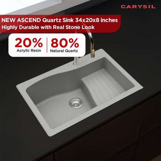Carysil Quartz New Ascend Single Bowl Kitchen Sink, Real Stone Finish, 304 Stainless Steel Coupling, Kitchen Sink with Sloping Drain, Noise Reduction Design, 34x20x8 inches, Arena