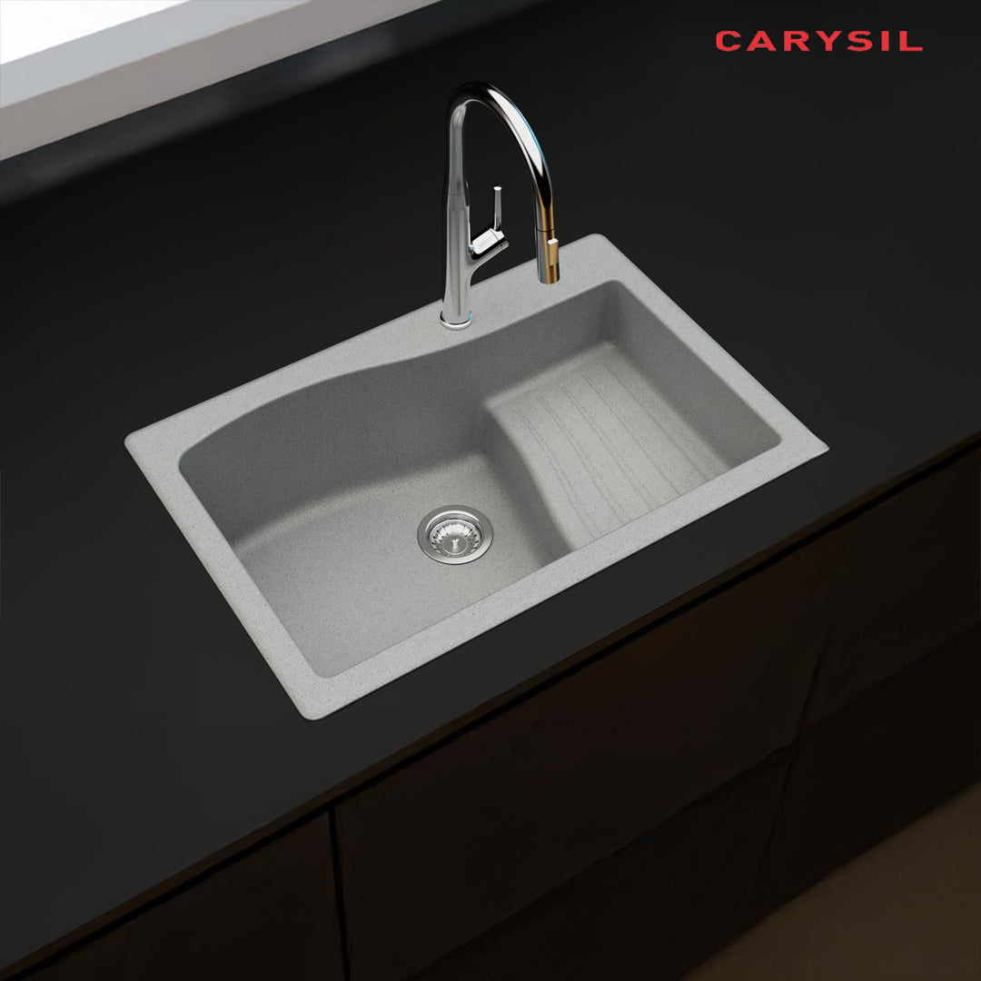 Carysil Quartz New Ascend Single Bowl Kitchen Sink, Real Stone Finish, 304 Stainless Steel Coupling, Kitchen Sink with Sloping Drain, Noise Reduction Design, 34x20x8 inches, Arena