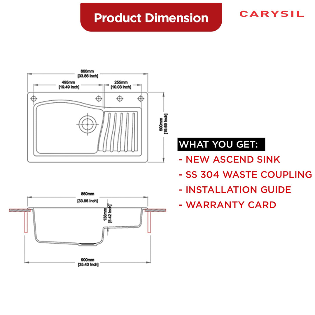 Carysil Quartz New Ascend Single Bowl Kitchen Sink, Real Stone Finish, 304 Stainless Steel Coupling, Kitchen Sink with Sloping Drain, Noise Reduction Design, 34x20x8 inches, Basalt Grey